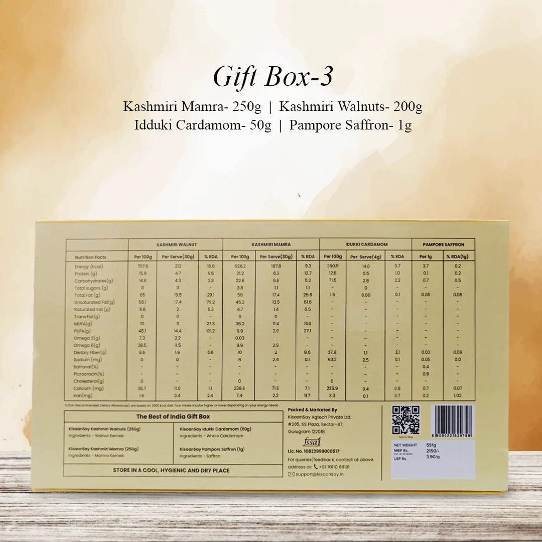 KisaanSay Gift Box-3  Mamra 250g  Walnuts 250g  Cardamom 50g  Saffron 1g