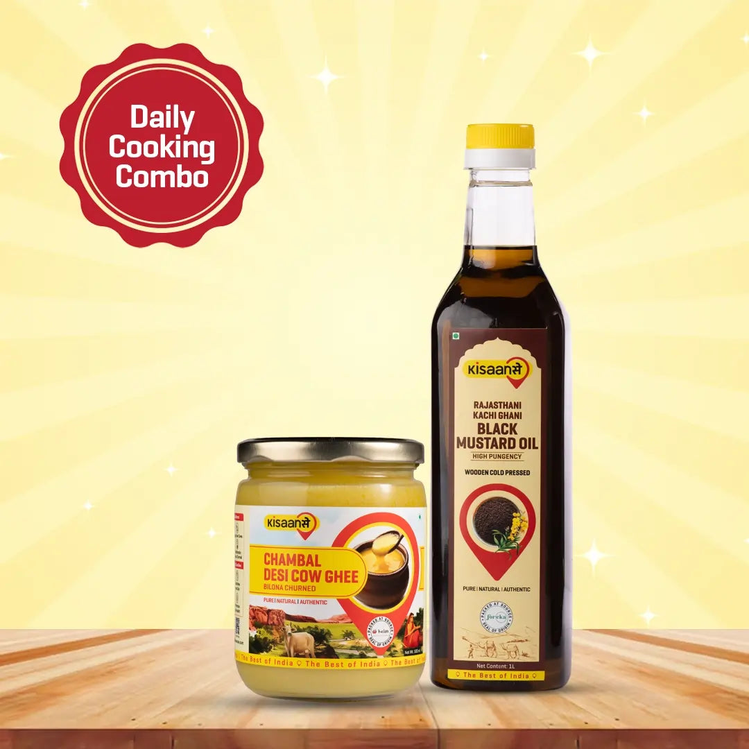 Chambal A2 Desi Cow Ghee 1 Litre + Rajasthani Kachi Ghani Mustard Oil (Black) 1 Litre