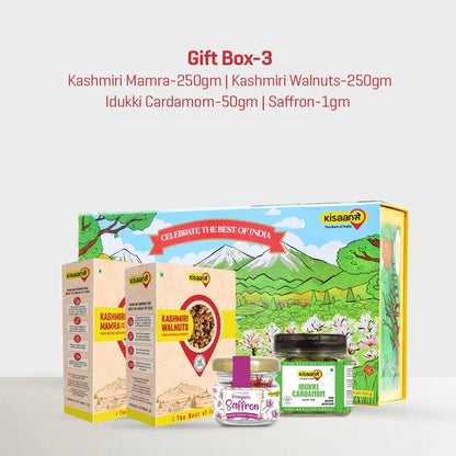 KisaanSay Gift Box-3  Mamra 250g  Walnuts 250g  Cardamom 50g  Saffron 1g
