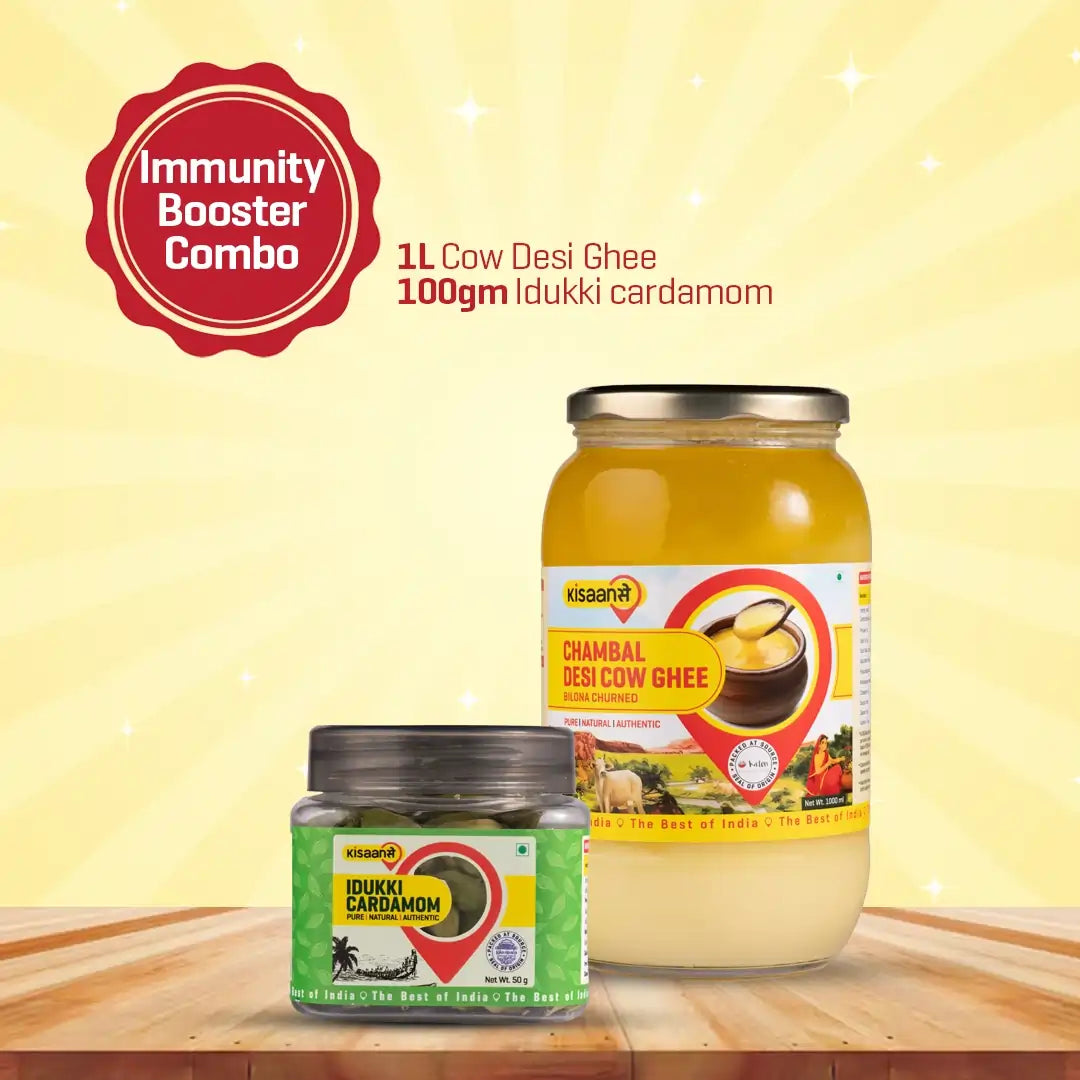 Chambal A2 Desi Cow Ghee 1 Litre +  Idukki Cardamom 100g